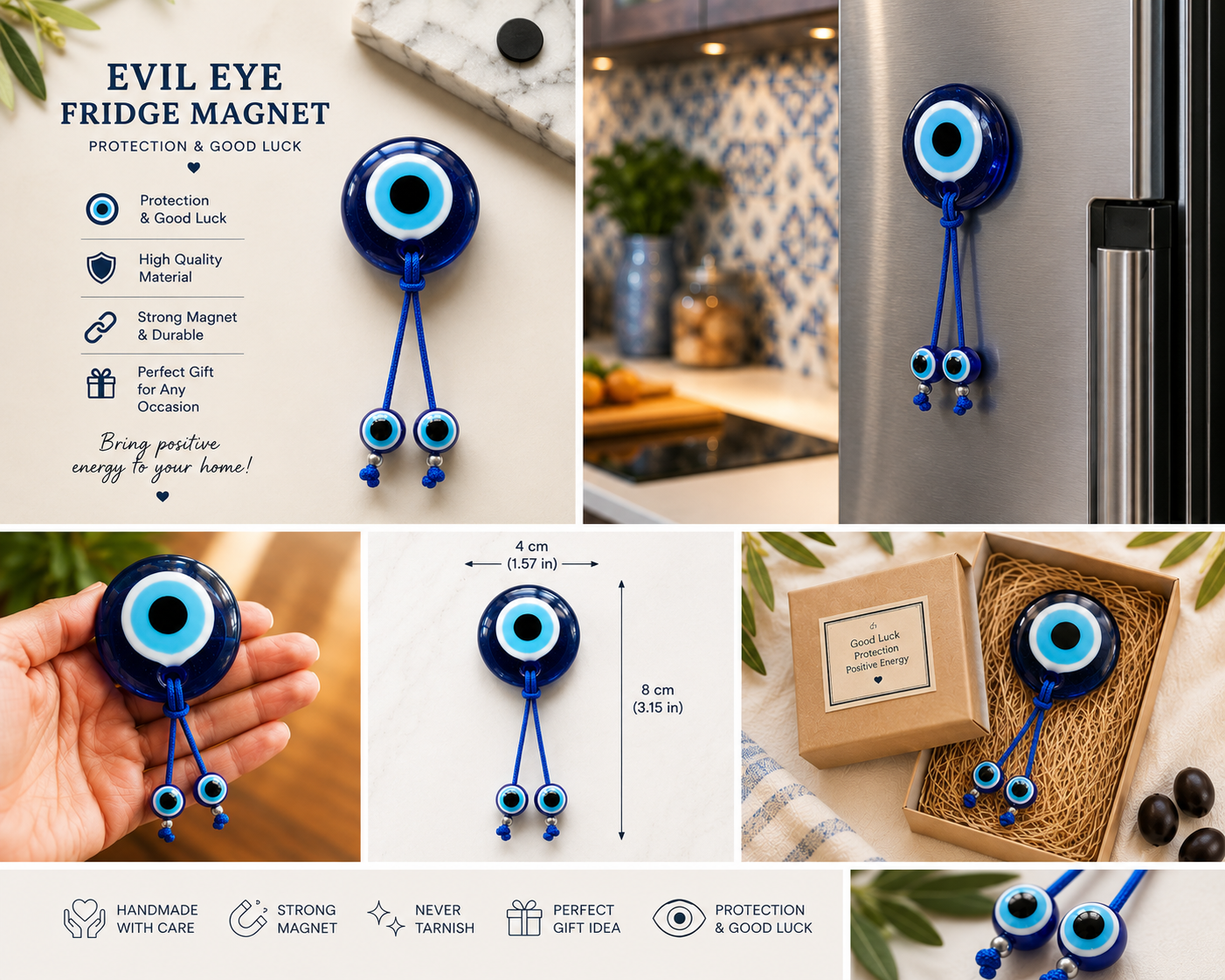 Glass Evil Eye Fridge Magnet | Greek Lucky Charm | Handmade Home Decor Gift