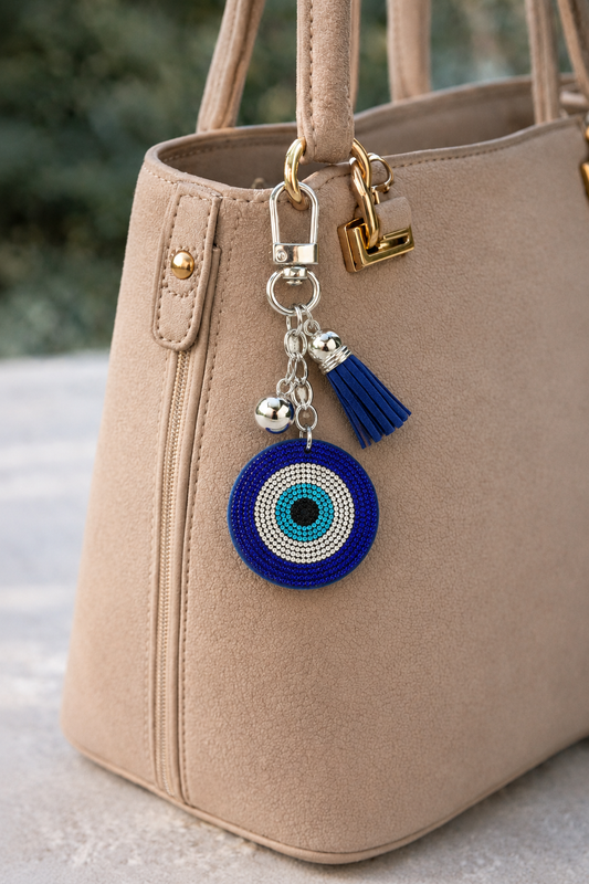 Blue Evil Eye Rhinestone Bag Charm – Chic Protective Keychain - Greek Gift