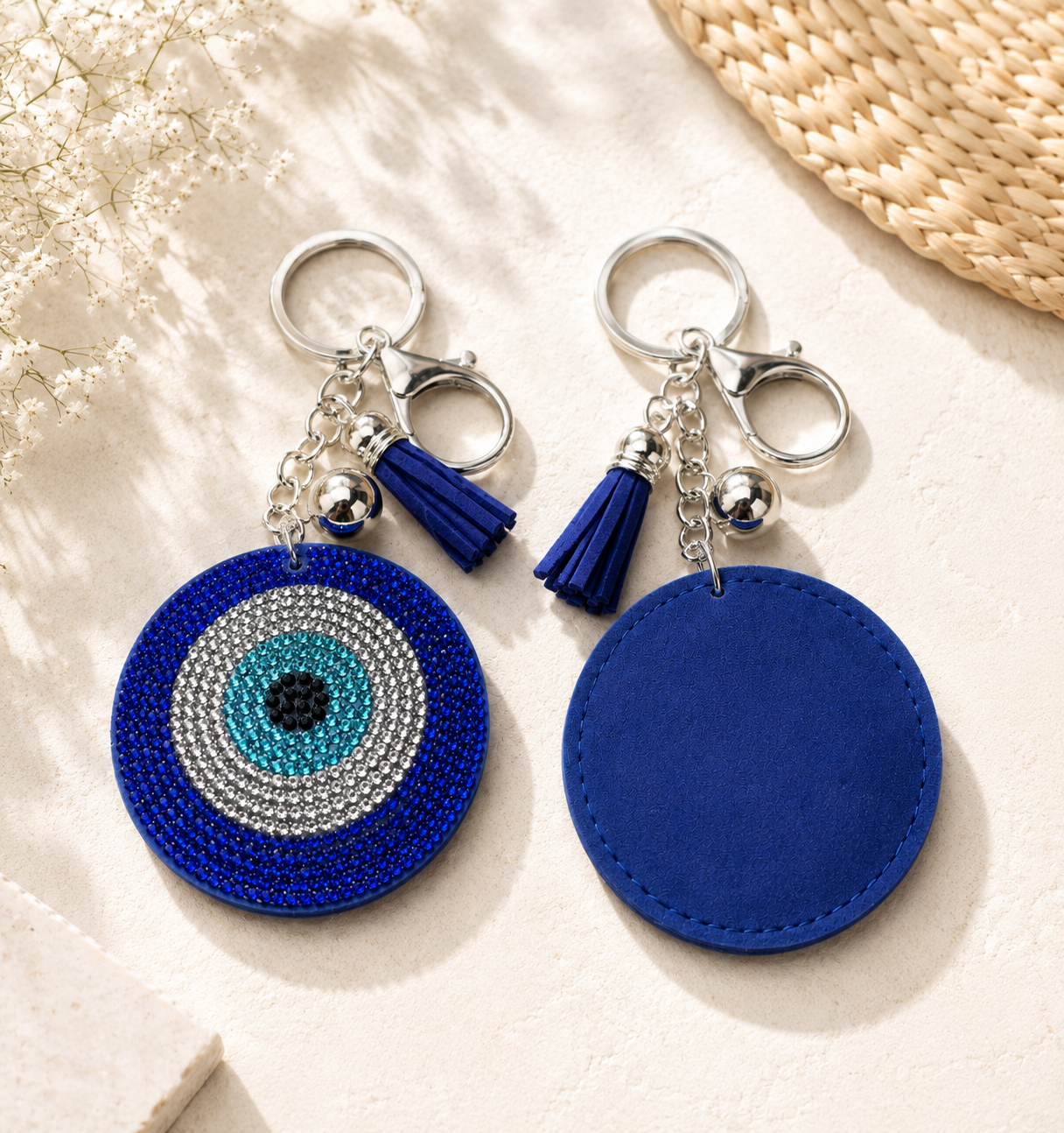 Bijou de Sac Oeil Grec Strass Bleu – Porte-clés Chic et Protecteur