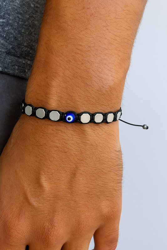 Blue Eye & Silver Hematite Bracelet – Protection & Elegance