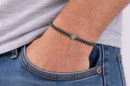 Hematite cross stainless steel bracelet - Gift for Her or for Him