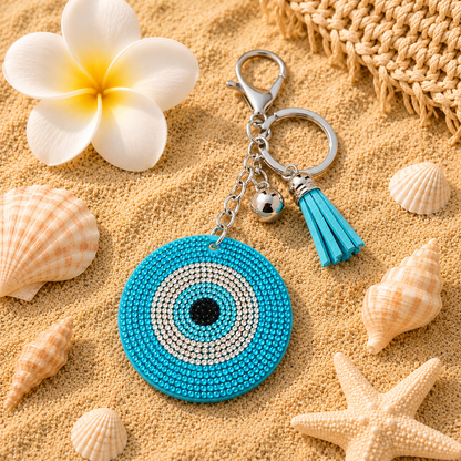 Bijou de Sac Oeil Grec Strass Bleu – Porte-clés Chic et Protecteur