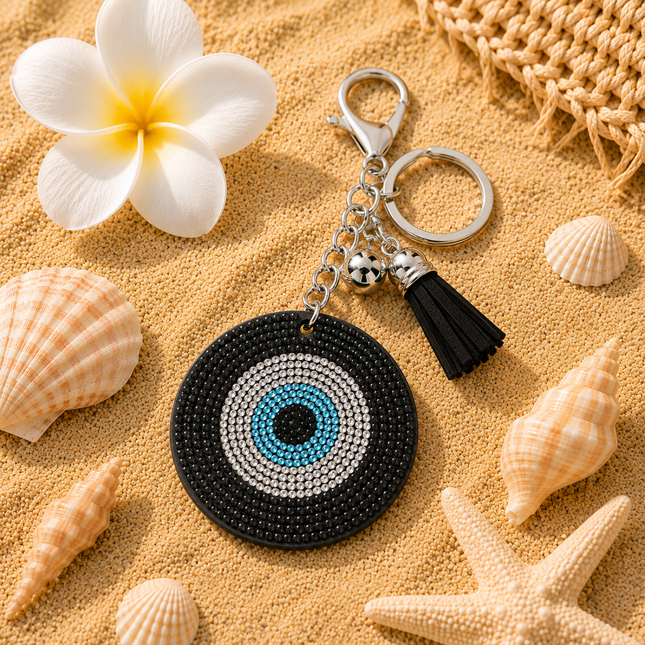 Bijou de Sac Oeil Grec Strass Bleu – Porte-clés Chic et Protecteur