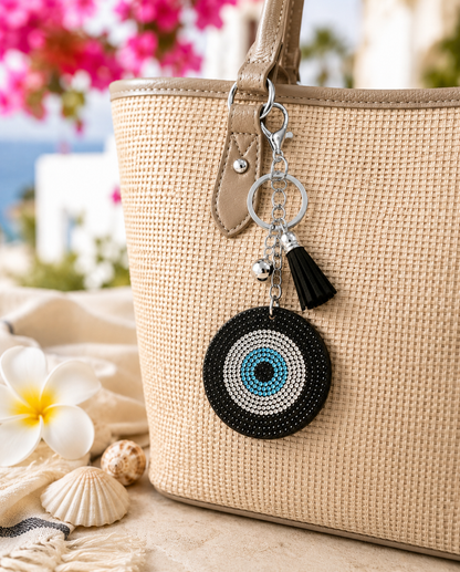 Bijou de Sac Oeil Grec Strass Bleu – Porte-clés Chic et Protecteur