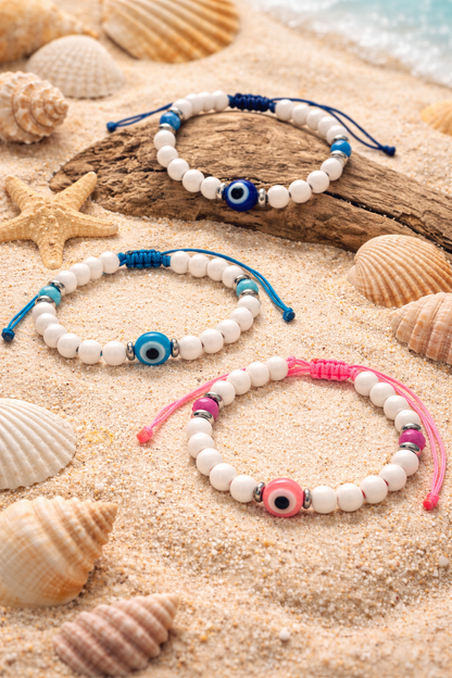 3 evil eye bracelets in different colors