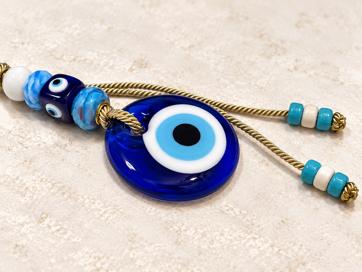  close-up horizontal shot displays the entire glass evil eye charm on a light-colored surface.