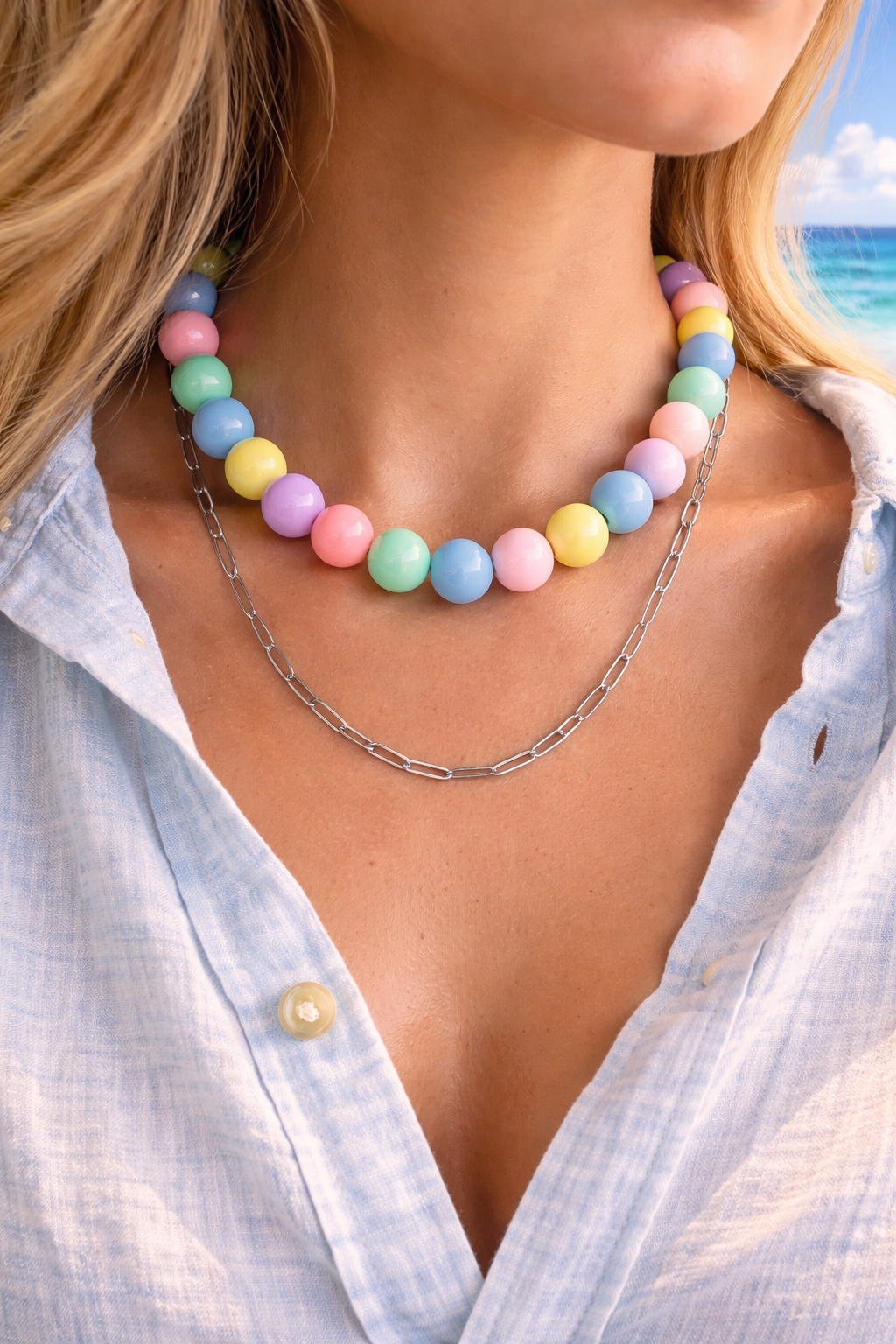 Close-up of colorful pastel acrylic beads showcasing the chunky design and smooth finish of the statement necklace.