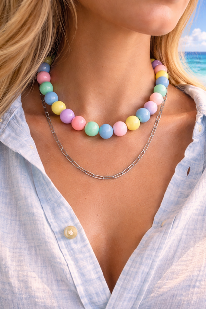 Close-up of colorful pastel acrylic beads showcasing the chunky design and smooth finish of the statement necklace.