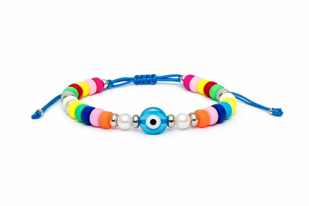 Colorful beaded bracelet with a blue cord on a white background