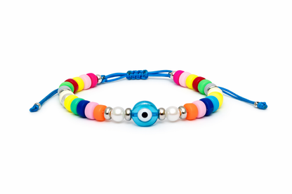 Colorful beaded bracelet with a blue cord on a white background