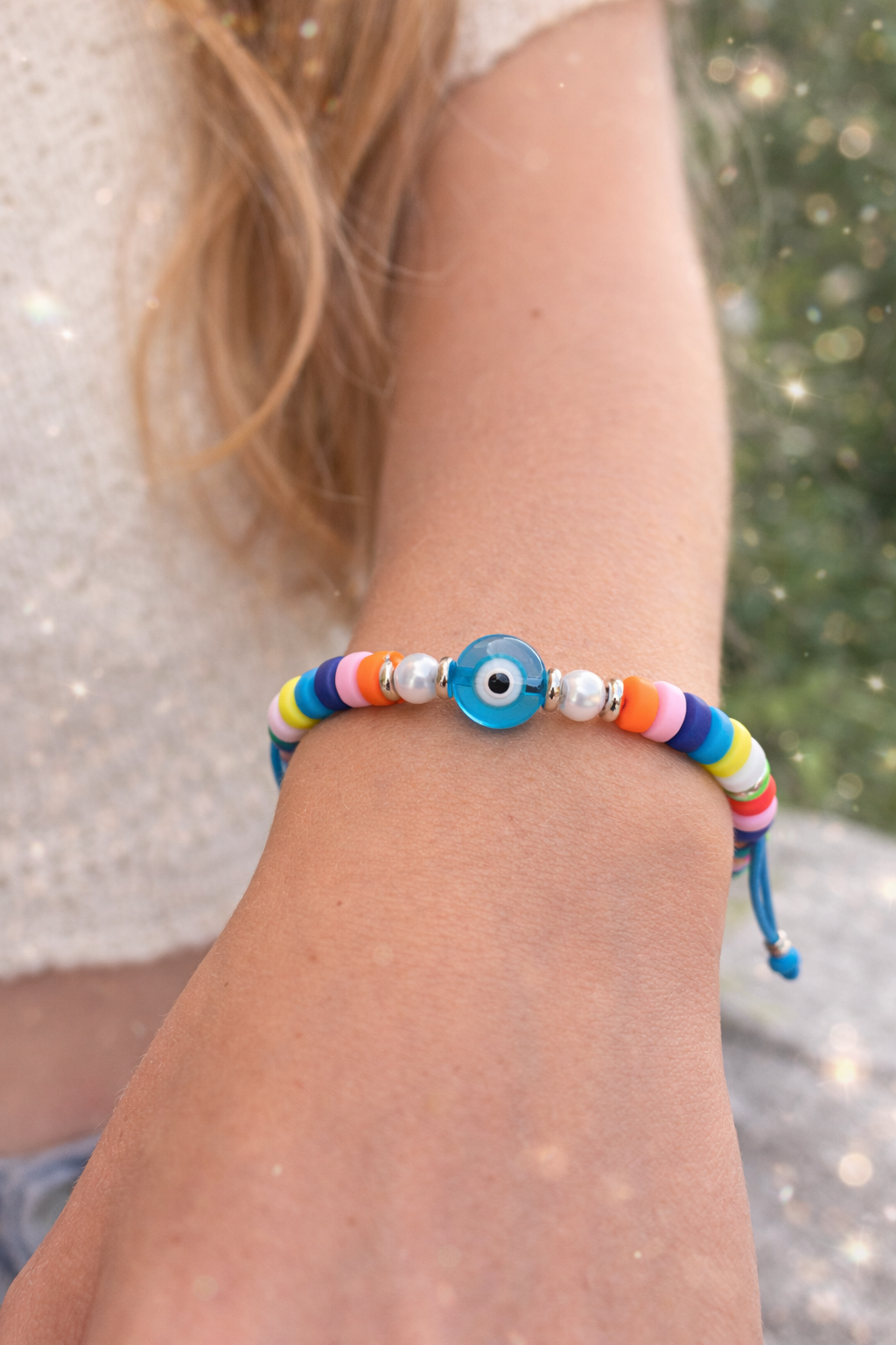 Bracelet œil bleu multicolore en perles caoutchouc - Cadeau pour Elle