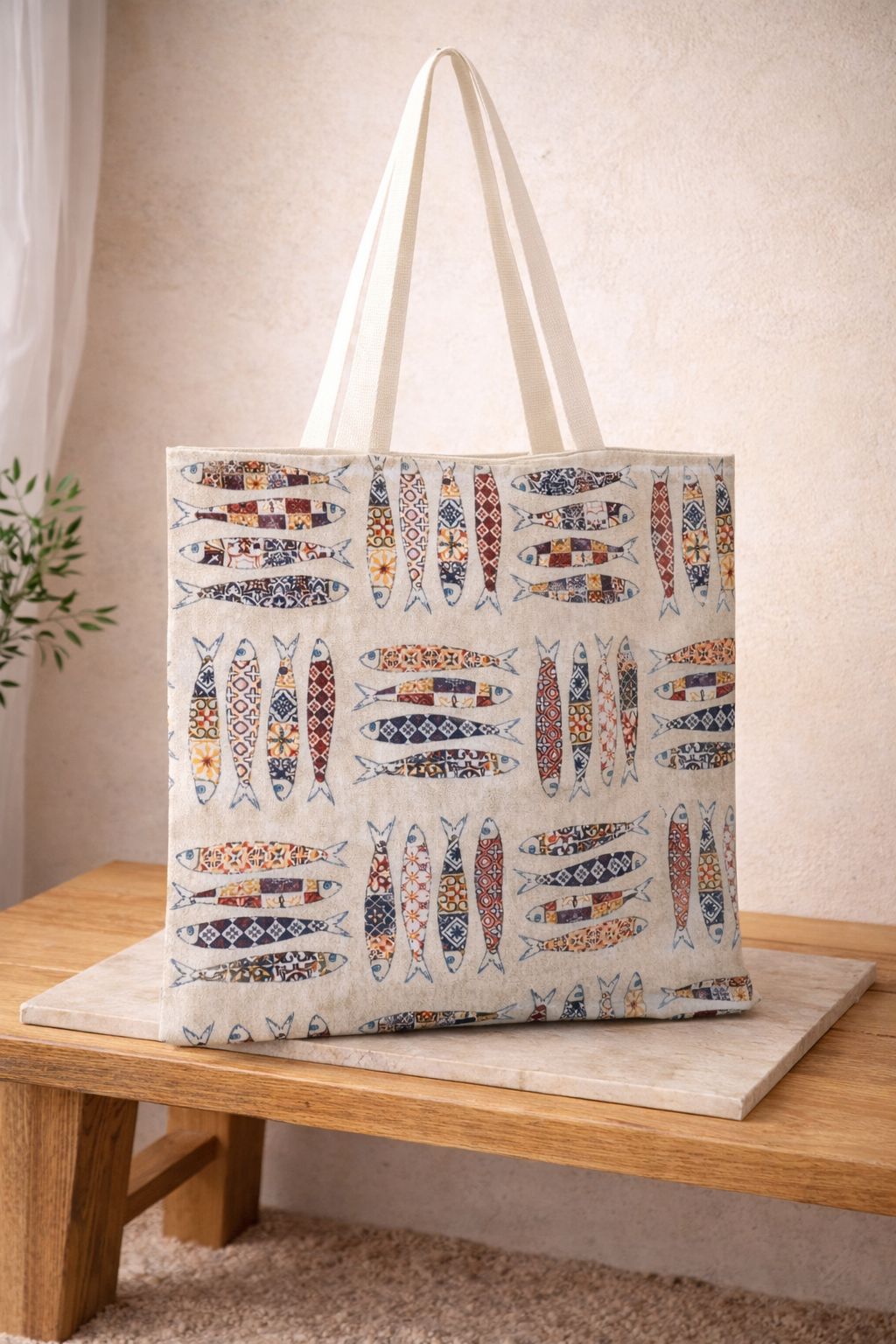 Cotton Sardines Tote Bag - Summer Tote Bag - Ecru, red & Orange - Greek gift