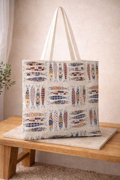 Cotton Sardines Tote Bag - Summer Tote Bag - Ecru, red & Orange - Greek gift