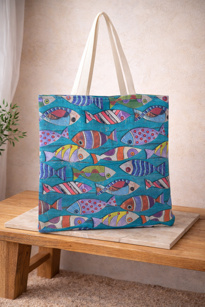 Sac fourre-tout doublé poissons turquoise - Totebag