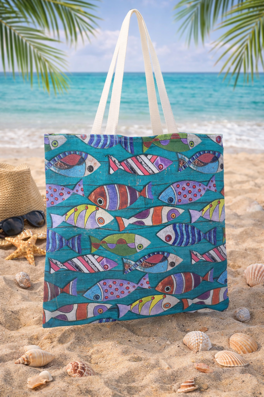 Sac fourre-tout doublé poissons turquoise - Totebag