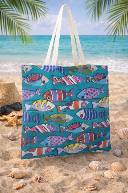 Sac fourre-tout doublé poissons turquoise - Totebag