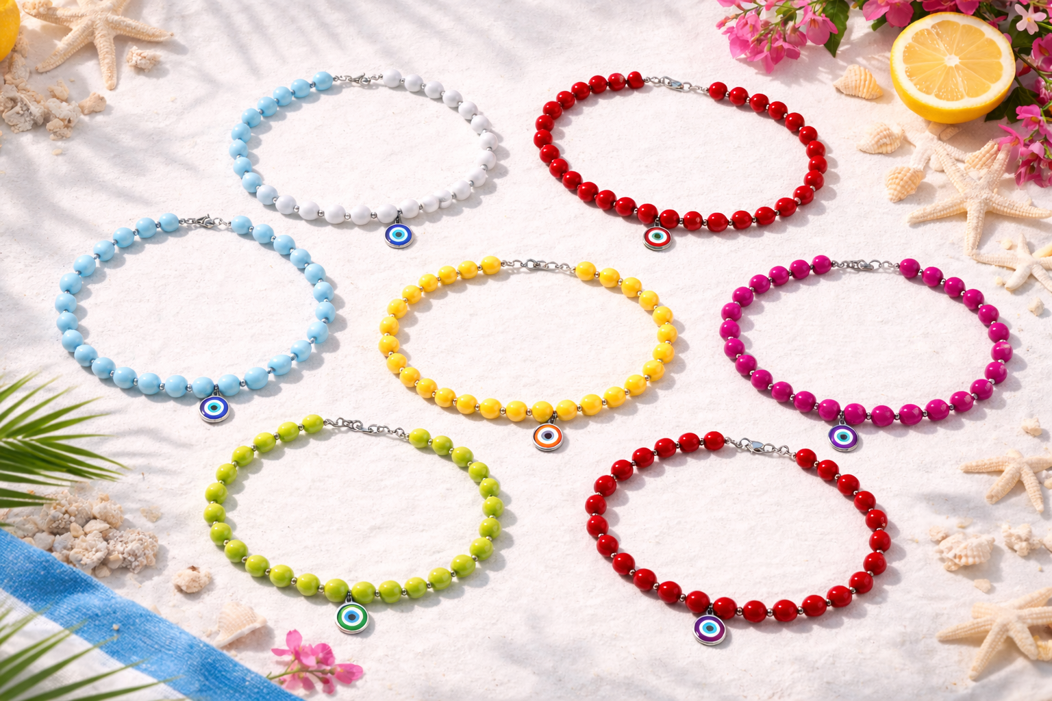 Colorful beaded necklaces with evil eye charms on a sandy background with flowers and lemons.