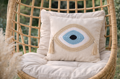 Handmade Evil Eye Cushion Cover - House Ornament - 16"X16" - Crochet Pillow - Greek Gift