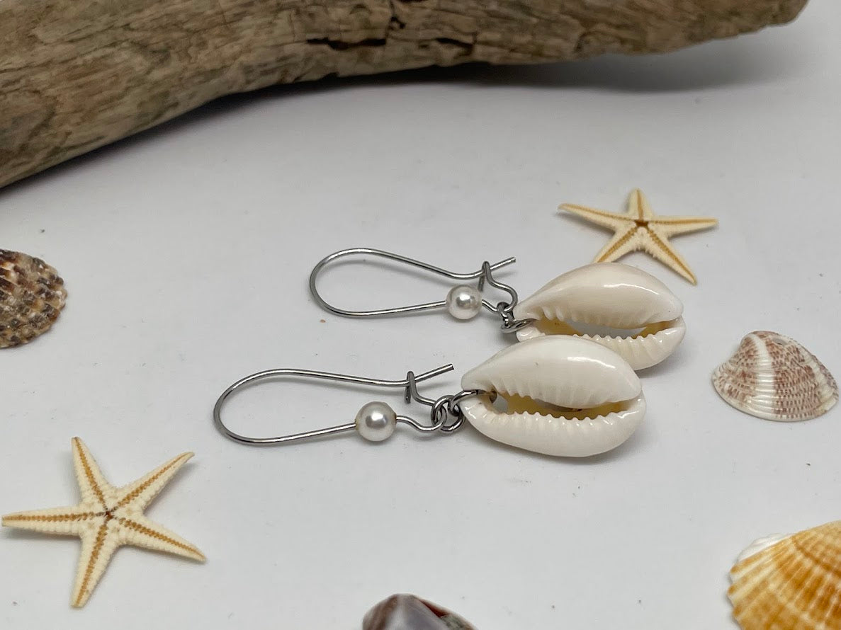 Elegant Cowrie Shell Earrings with White Swarovski Pearl