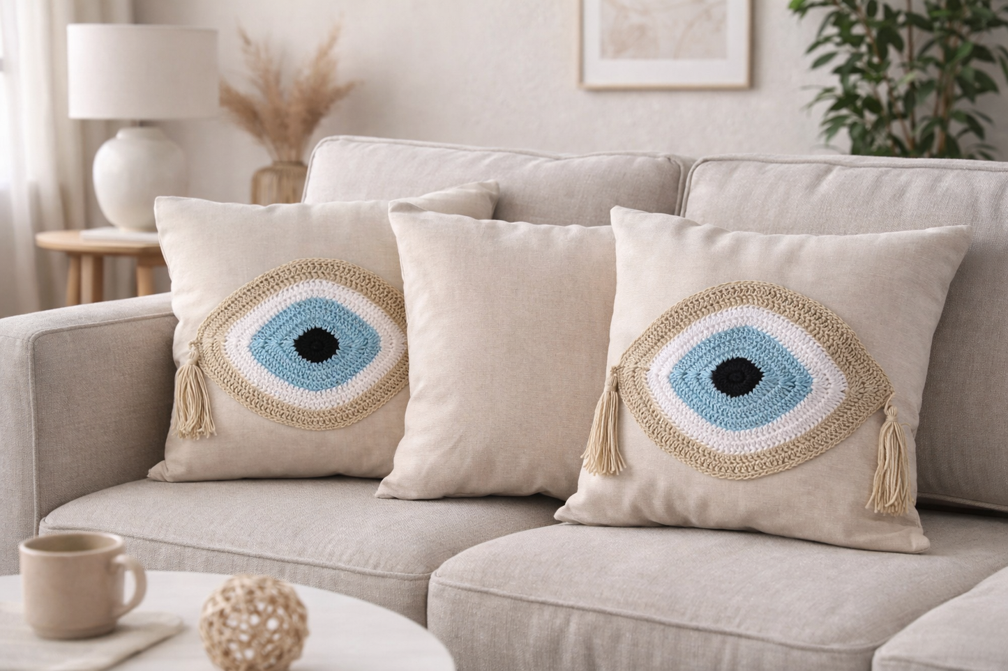 Handmade Evil Eye Cushion Cover - House Ornament - 16"X16" - Crochet Pillow - Greek Gift