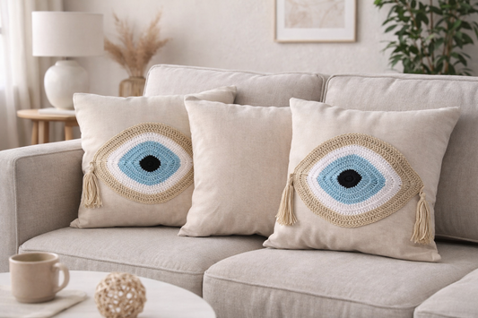 Handmade Evil Eye Cushion Cover - House Ornament - 16"X16" - Crochet Pillow - Greek Gift