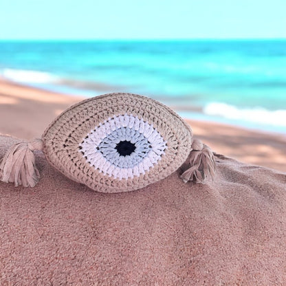 Handmade Cycladic Evil Eye Cushion – Crochet Design with Tassel Details