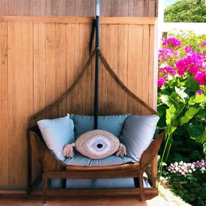 Handmade Cycladic Evil Eye Cushion – Crochet Design with Tassel Details