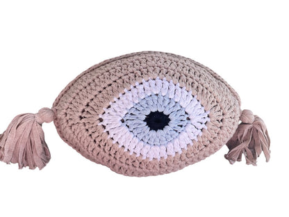 Handmade Cycladic Evil Eye Cushion – Crochet Design with Tassel Details