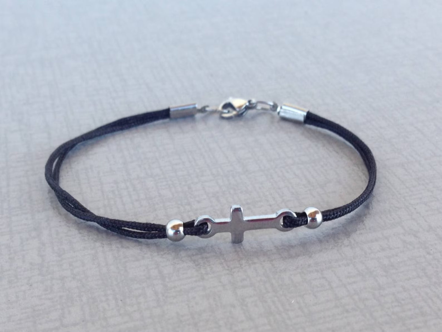 Men's Stainless Steel Cross Bracelet | Black Nylon Cord