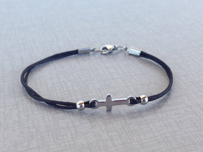 Men's Stainless Steel Cross Bracelet | Black Nylon Cord