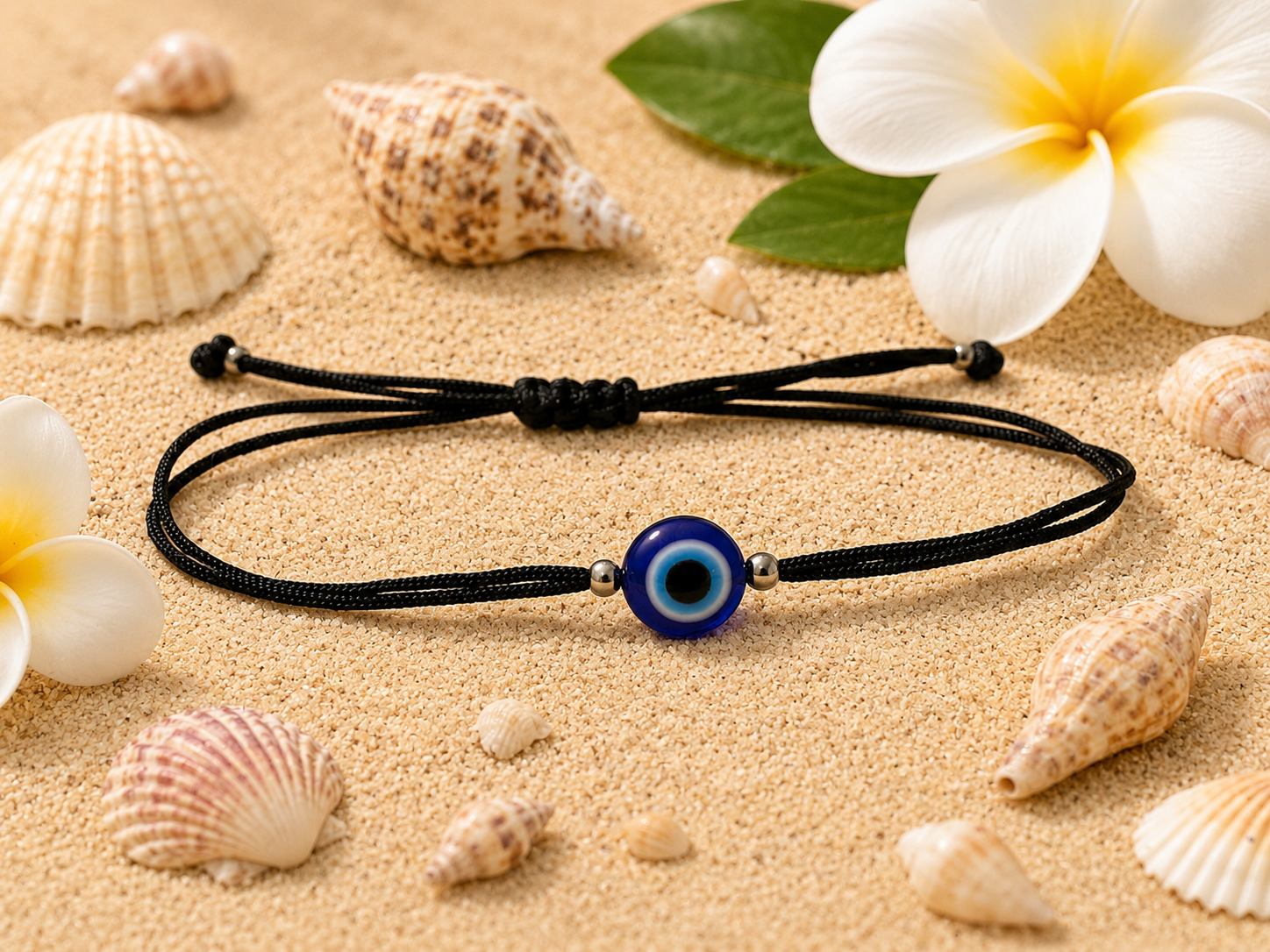 Dark blue evil eye Greek bracelet on the beach