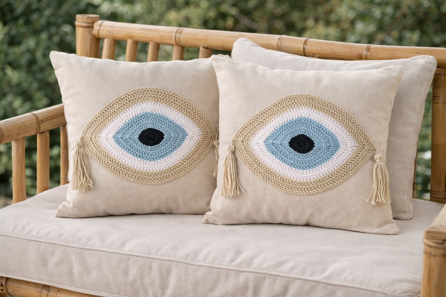 Handmade Evil Eye Cushion Cover - House Ornament - 16"X16" - Crochet Pillow - Greek Gift