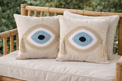 Handmade Evil Eye Cushion Cover - House Ornament - 16"X16" - Crochet Pillow - Greek Gift