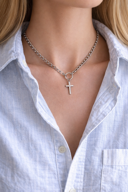 Collier Croix en Acier Chaine Figaro - Bijou Femme