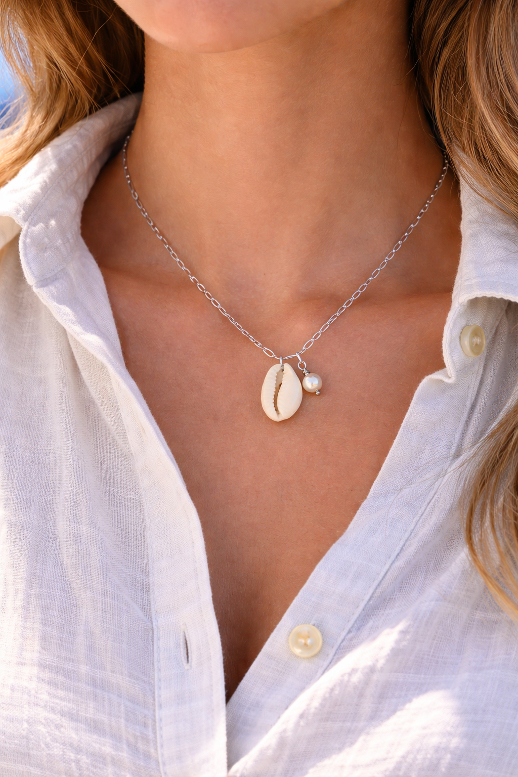 Cowrie Shell Pearl Necklace - Beach Jewelry - Gift for Her