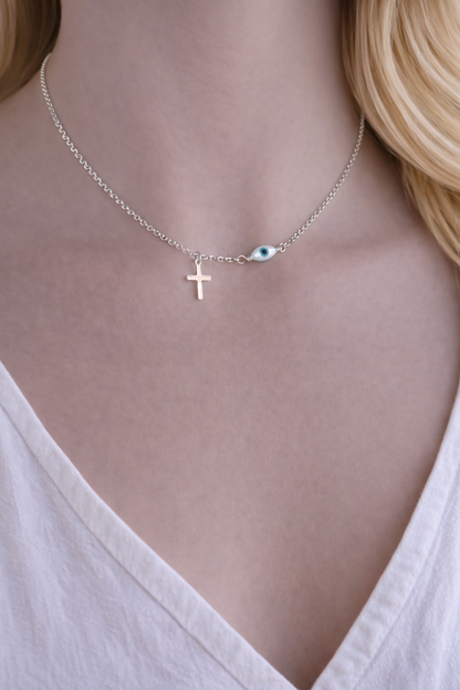 Evil Eye Cross Pendant Necklace - Sterling Silver Necklace