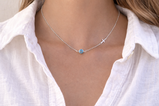 Sterling Silver Evil Eye Cross Necklace - Greek Protection Jewelry