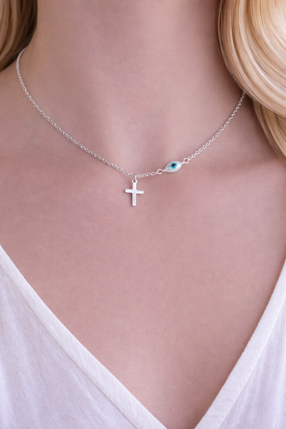 Evil Eye Cross Pendant Necklace - Sterling Silver Necklace
