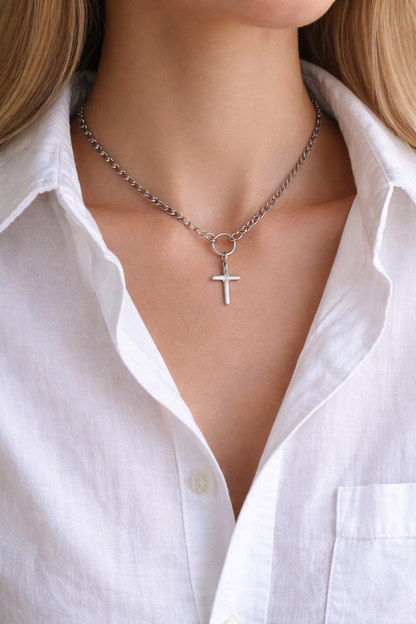 Collier Croix en Acier Chaine Figaro - Bijou Femme