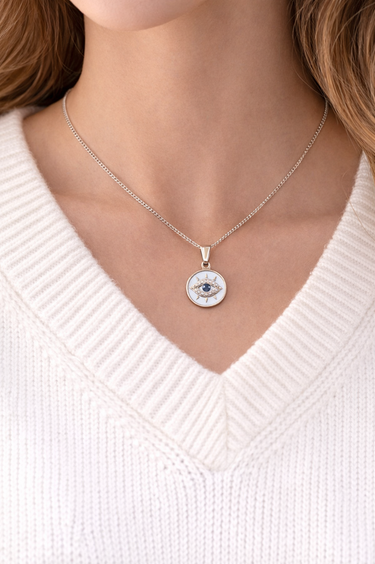 Evil eye CZ pendant - Greek necklace - Stainless Steel Necklace