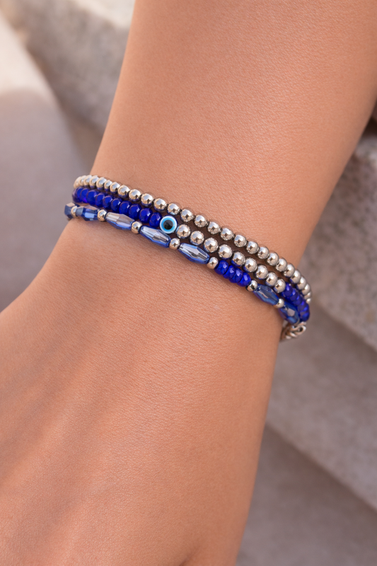 Blue Beaded Evil Eye Memory Wire Bracelet
