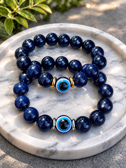 Elegant evil eye beaded bracelet on marble tray