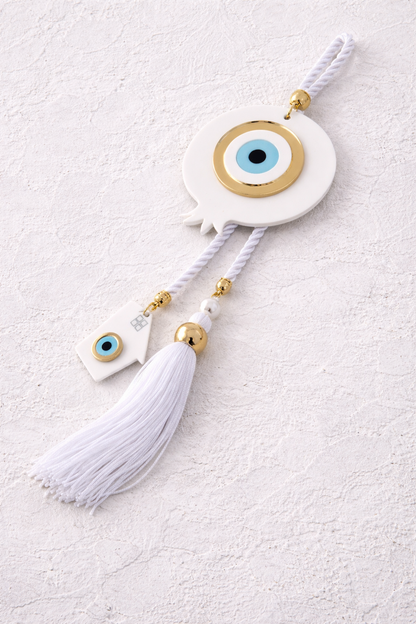 Handmade Evil Eye White Pomegranate Wall Hanging | Large Gold Tone Home Decor