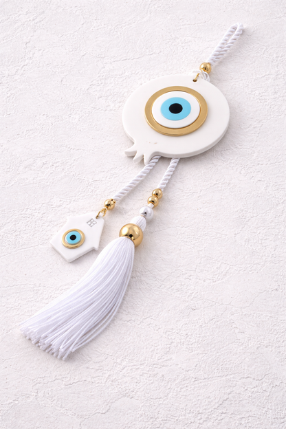 Handmade Evil Eye White Pomegranate Wall Hanging | Large Gold Tone Home Decor