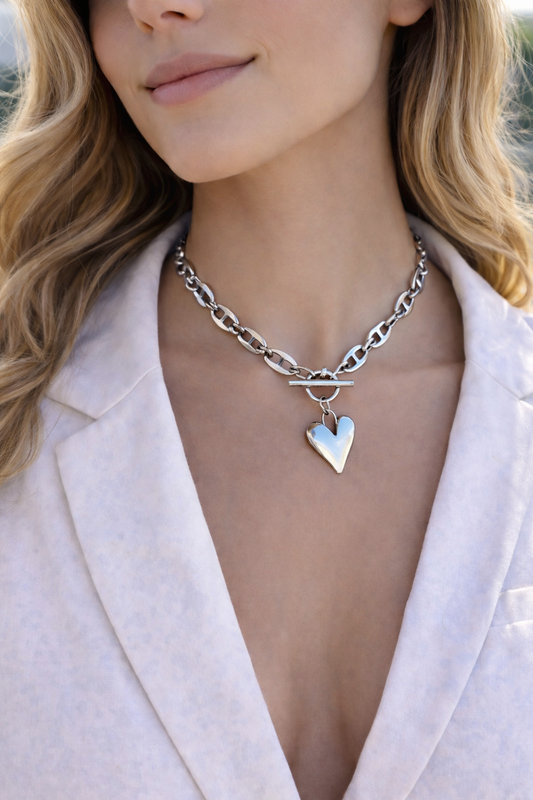 Big Silver Heart Statement Necklace - Stainless Steel Jewelry - Gift for Her