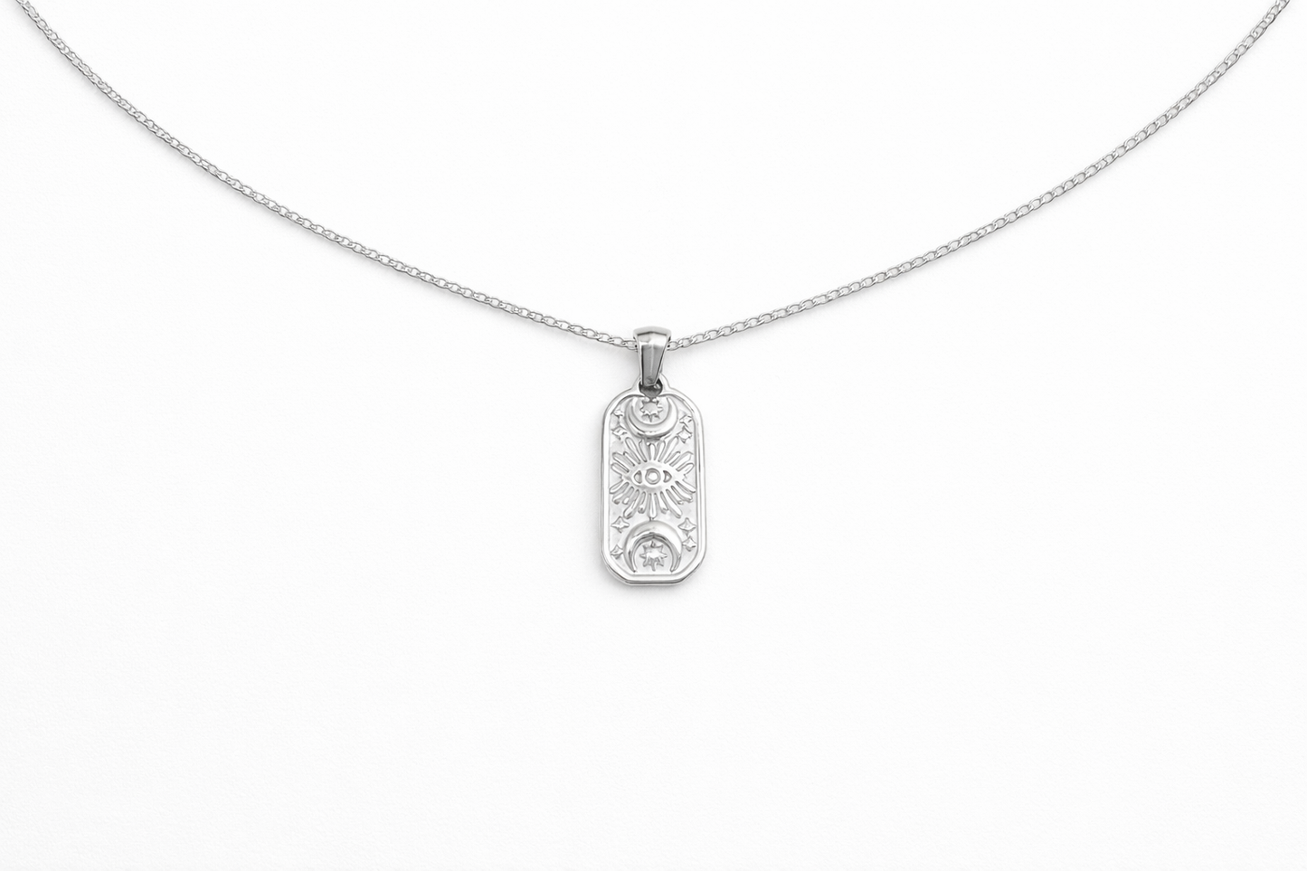 Stainless steel eye pendant necklace with a celestial design, symbolic minimalist jewelry gift for women.