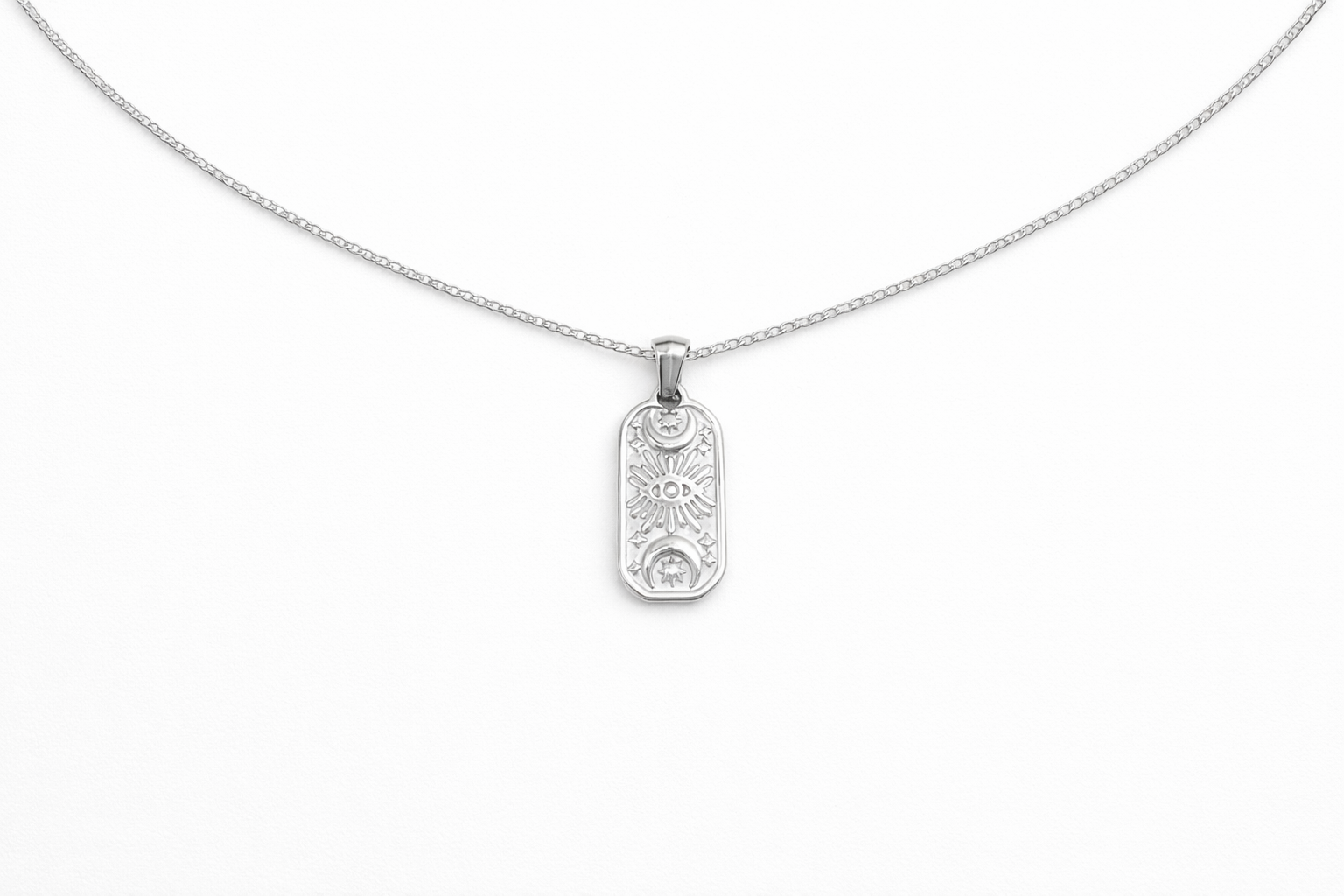 Stainless steel eye pendant necklace with a celestial design, symbolic minimalist jewelry gift for women.