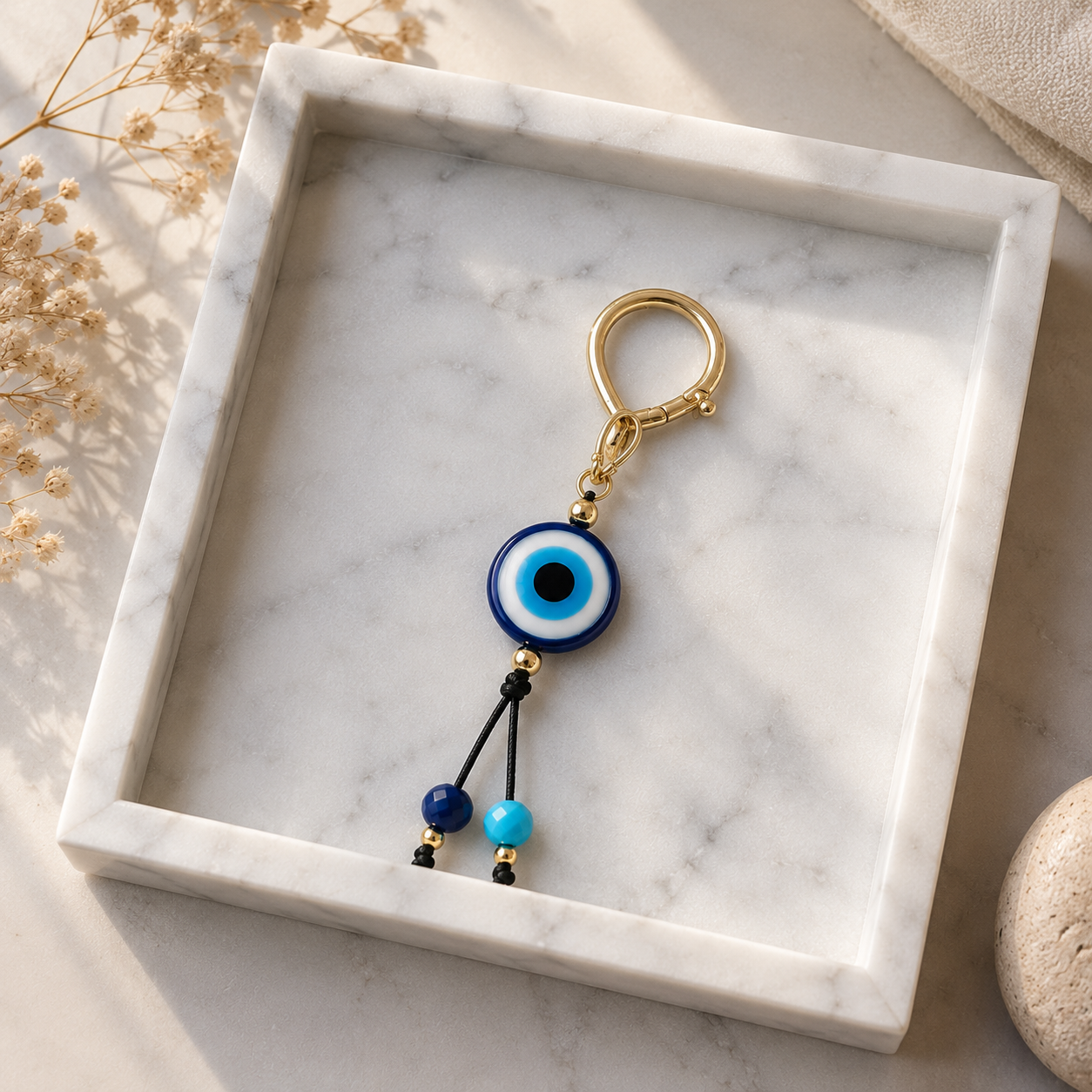 Greek Evil Eye Bag Charm – Gold-Plated Brass, Resin & Glass Beads