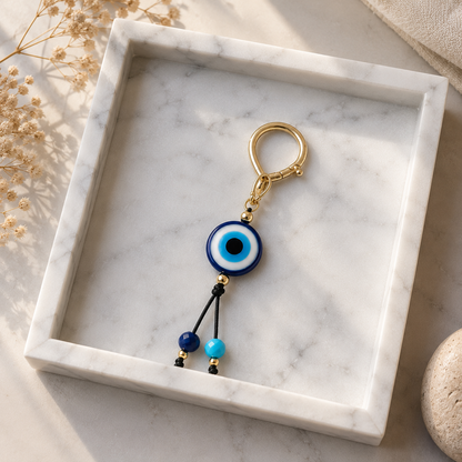 Greek Evil Eye Bag Charm – Gold-Plated Brass, Resin & Glass Beads