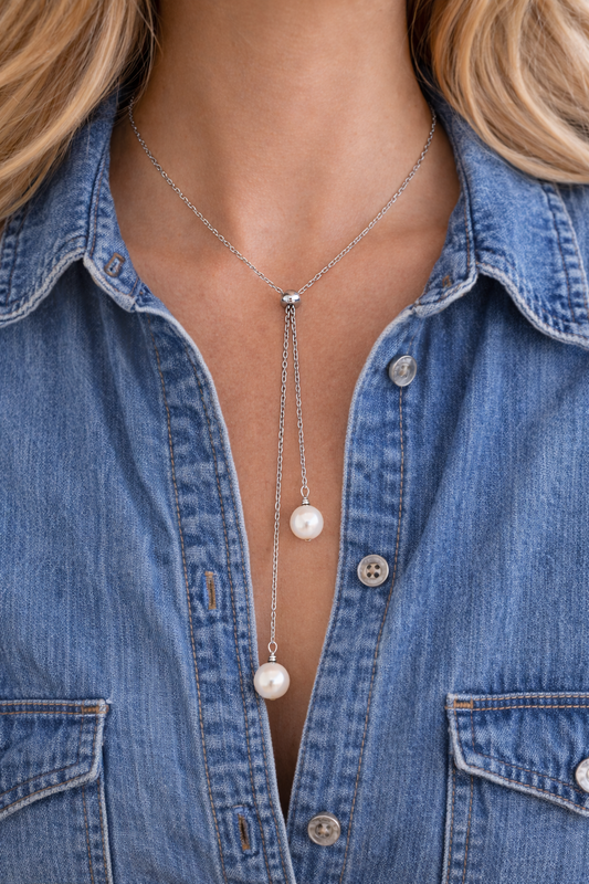 Elegant Swarovski Pearl Lariat Necklace – Stainless Steel Y Chain – Chic & Minimal Jewelry – Bridal Gift